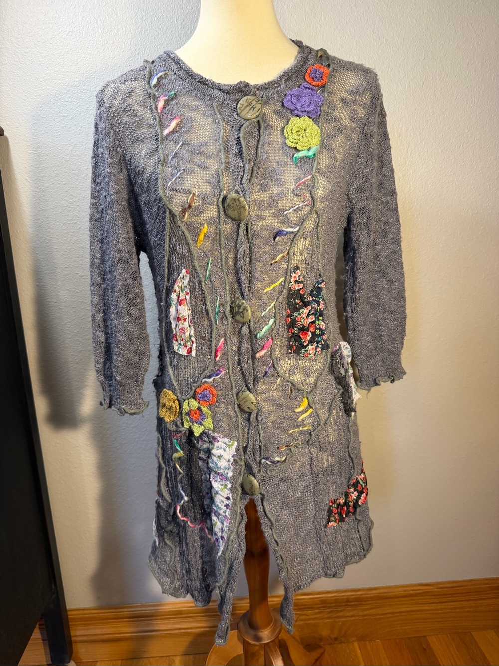 Atmosphere Heather Gray Crochet Flower Embellished Knit Cardigan Boho Duster